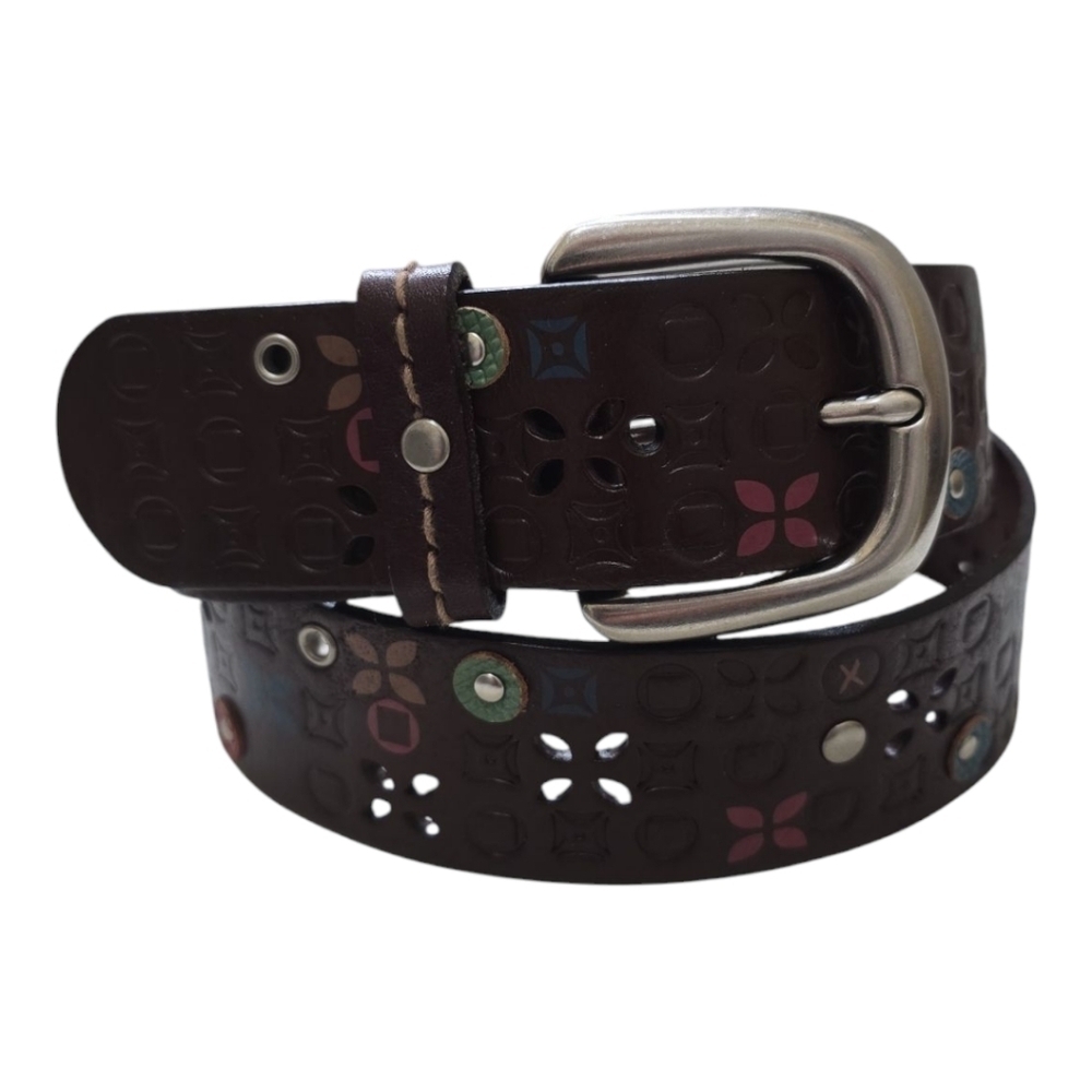 Fossil Brown Boho Leather Belt 3D Flower Laser Cut Floral Pattern Silver Buckle